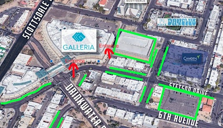 Map showing where to park and enter at the Old Town Galleria